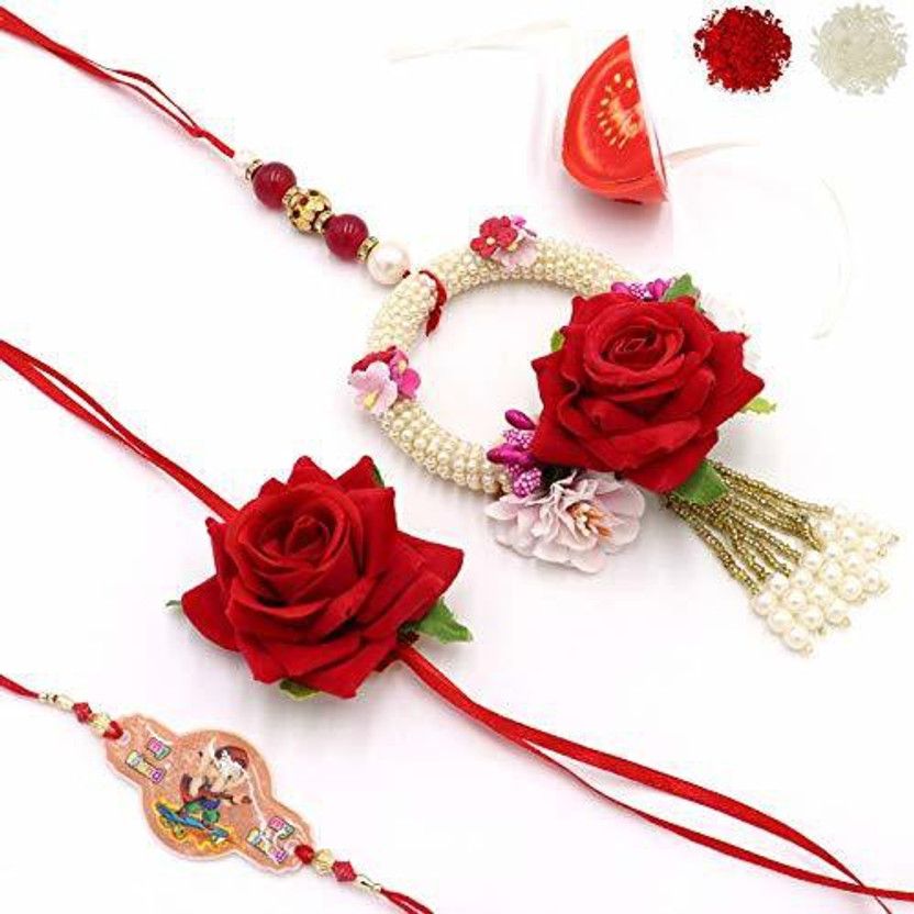 Rakhi, Chawal Roli Pack Set  (3 designer Rakhi)