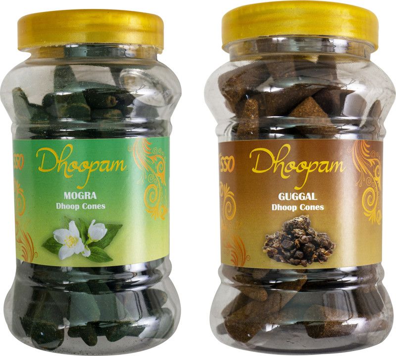 DHOOPAM Dry Dhoop Cones, COMBO PACK Mogra and Guggal Fragrance 2 Jars of 100 Cones Jasmine, Guggul Dhoop  (Pack of 100)