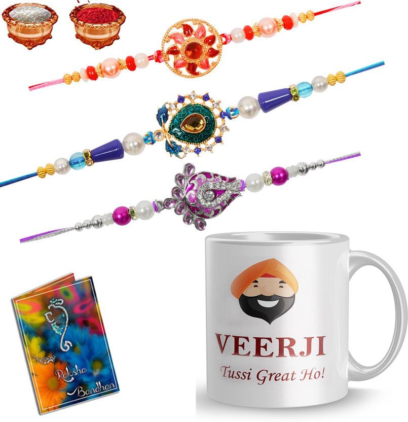 Rakhi, Mug, Greeting Card Set  (1 CUP 3 RAKHI 1 Greeting Card 1 Roli Chawal)