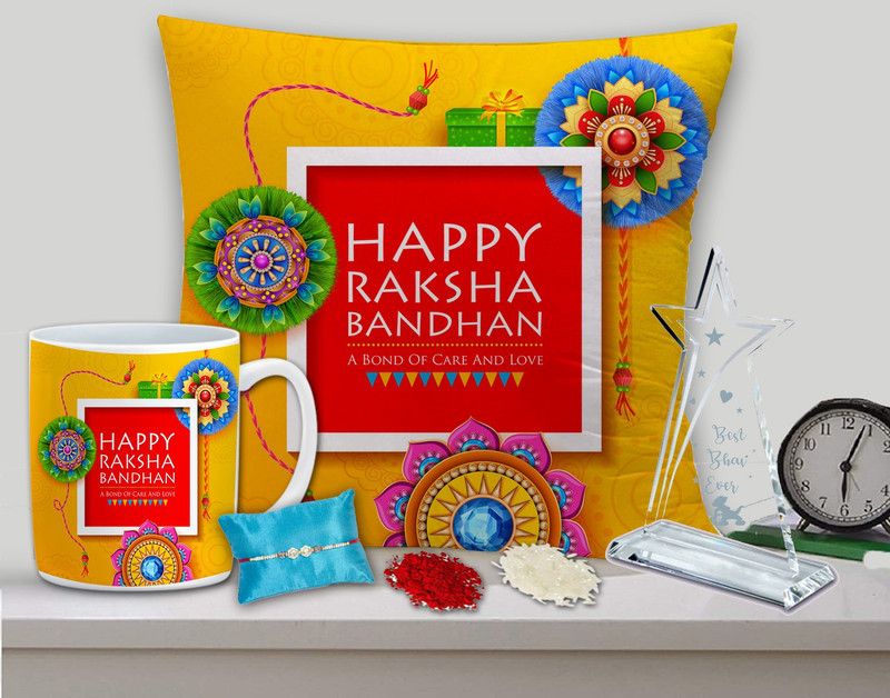 Mug, Rakhi, Chawal Roli Pack, Trophy, Cushion, Cushion Cover Set  (12x12 Cushion Cover with Filler, Mug, Trophy Rakhi, Tikka and Chawal)