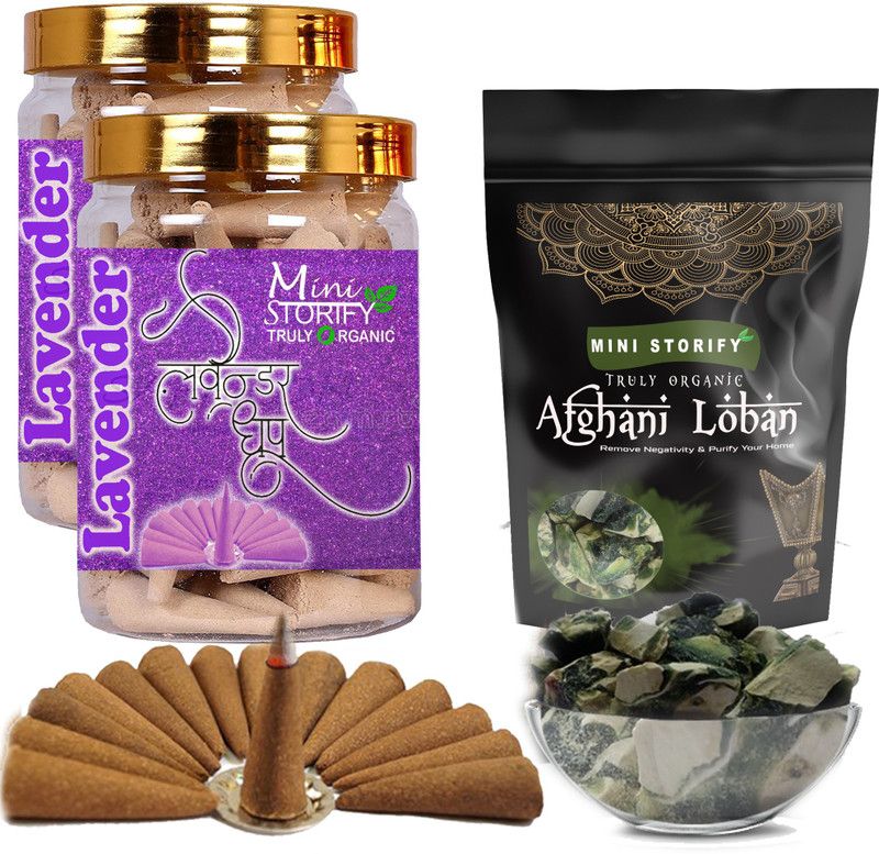 Mini Storify Truly Organic Green loban250gm,Lavender dhoop Cone 70+70pcs (Pack of 3) Lavender Dhoop  (Pack of 3)