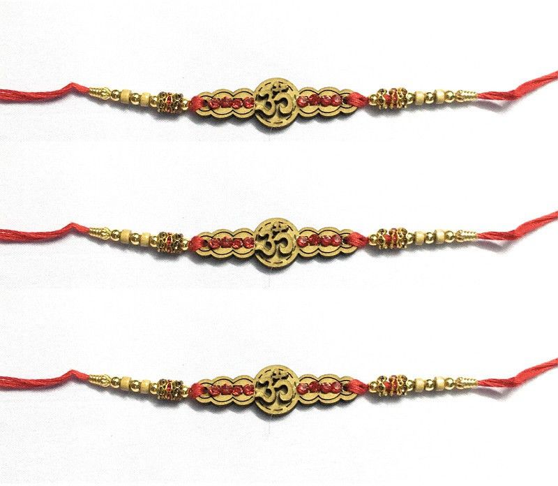Rakhi, Chawal Roli Pack Set  (3 Wooden Om Rakhi, 1 Chawal Roli Pack)