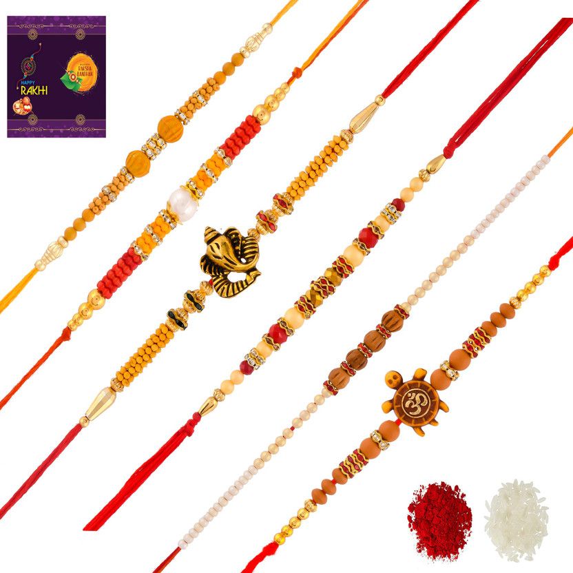 Rakhi, Greeting Card, Chawal Roli Pack Set  (6 Rakhi, 1 Greeting Card and Roli Chawal.)