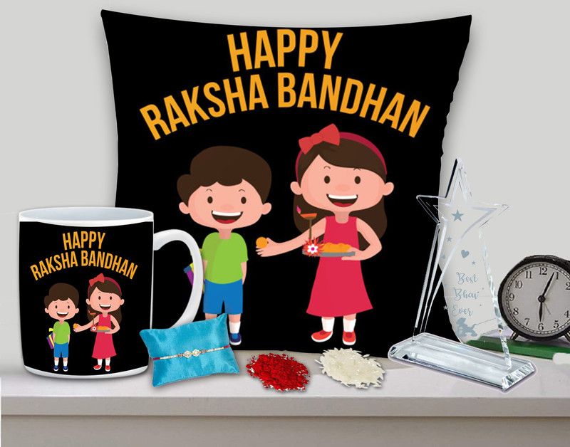 Cushion Cover, Mug, Showpiece, Rakhi, Chawal Roli Pack Set  (12x12 Cushion Cover with Filler, Mug, Trophy Rakhi, Tikka and Chawal)