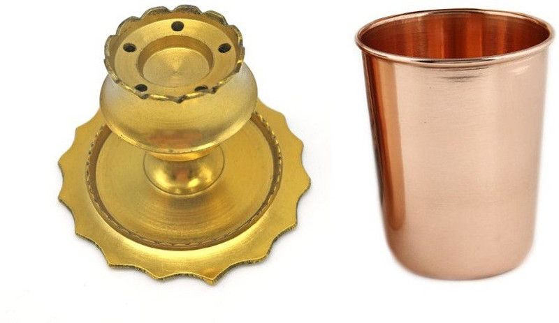 De-Ultimate 1 pcs Copper Glass Tumblers Leak Proof Seamless 350 Ml , 1 Pcs Brass Incense Stick Holder Brass  (Multicolor)