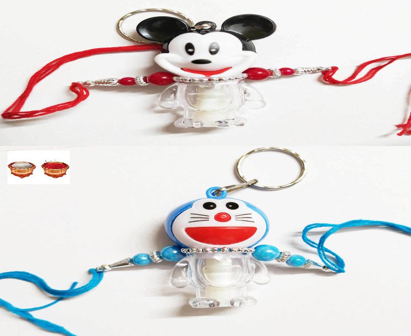 Rakhi, Chawal Roli Pack Set  (Doremon and Mickey Light Rakhi wih Roli Chawal)