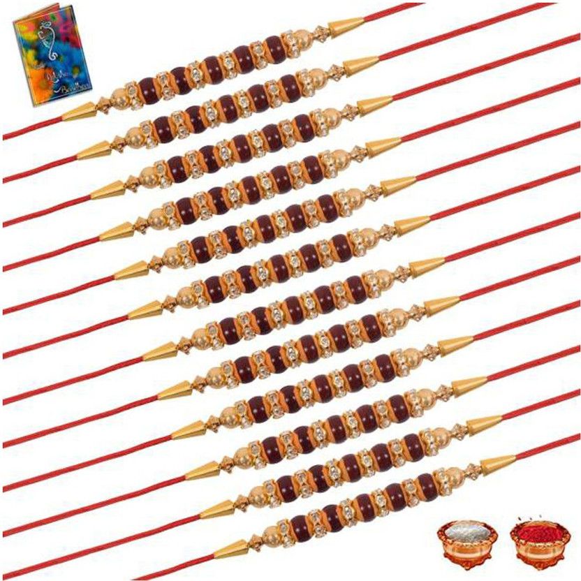 Rakhi, Chawal Roli Pack, Greeting Card Set  (12 Rakhi, 1 Card, Roli Chawal)