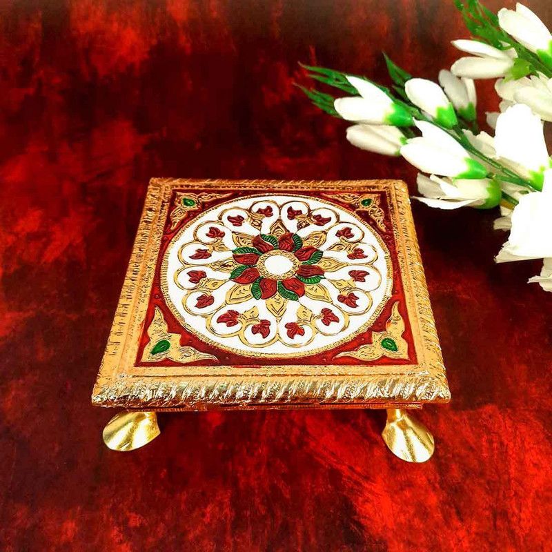 Apkamart Handcrafted Minakari Bajot 6 Inch - Pooja Décor and Gifts Wooden All Purpose Chowki  (Multicolor, Pack of 1)