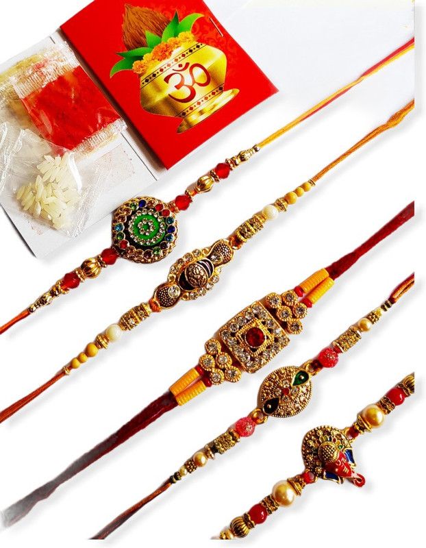 Rakhi, Chawal Roli Pack Set  (5 Rakhi, 1 Chandan Chawal Roli & Mishri Pack)