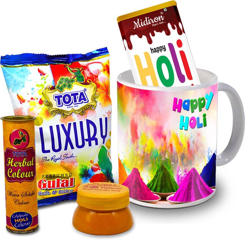 Midiron Holi Gifts | Herbal Colors |Luxury Chocolate Bar| Printed Mug For Friends & Relative –DTHoliBar41 Ceramic Gift Box  (Multicolor)