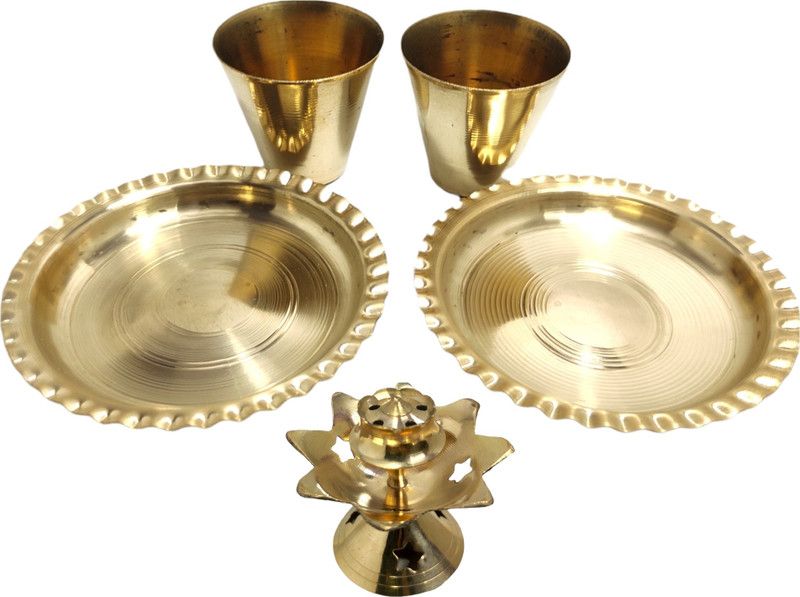 Pooja Thali Set, Pooja Thali Combo Set Brass  (5 Pieces, Gold)