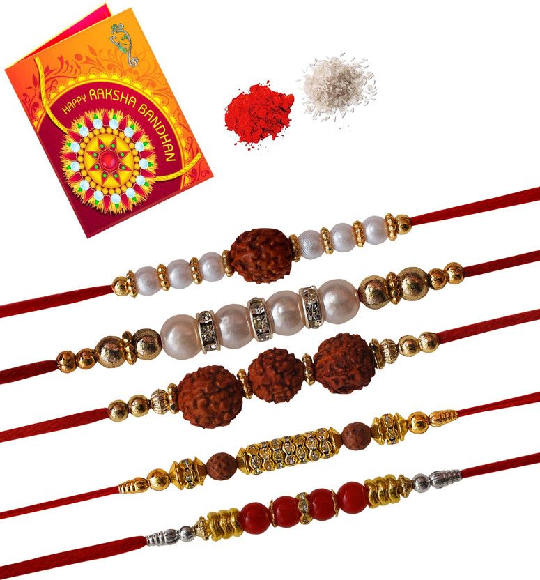 BG-BH-BI-BJ-BB Rakhi, Greeting Card, Chawal Roli Pack Set  (5 Rakhi , 1 Greeting Chawal , 1 Roli Chawal)