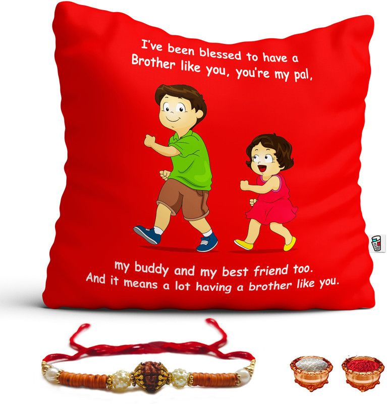 Cushion, Rakhi, Chawal Roli Pack Set  (1 Cushion Cover 12" x 12", 1 Filler, 1 Rudraksh Rakhi, 1 Roli Chawal Packet)
