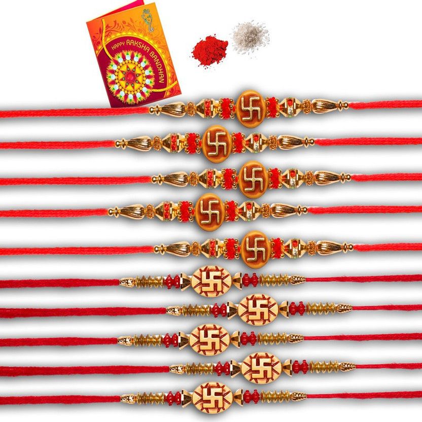 Rakhi, Chawal Roli Pack, Greeting Card Set  (10 Rakhi, Roli & Chawal, Greeting Card)
