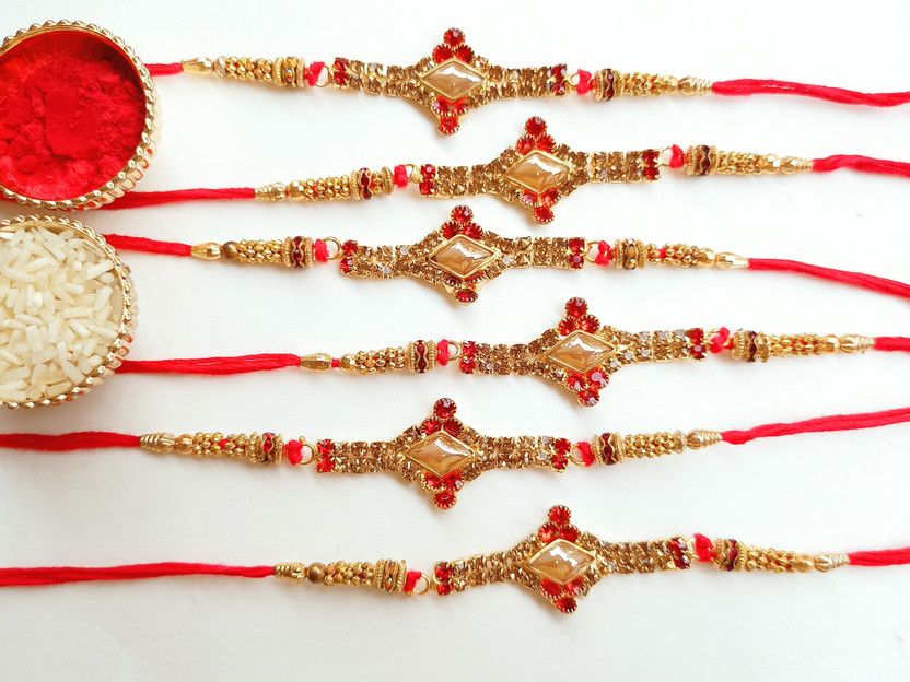 Rakhi Set  (Set of 6 kundan Stone Rakhi Combo for Bhai. Premium Quality rakhi)