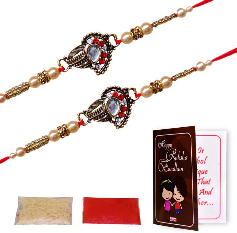 Rakhi, Greeting Card Set  (2 pcs Designer Rakhi with Greeting Card & Roli Chawal)