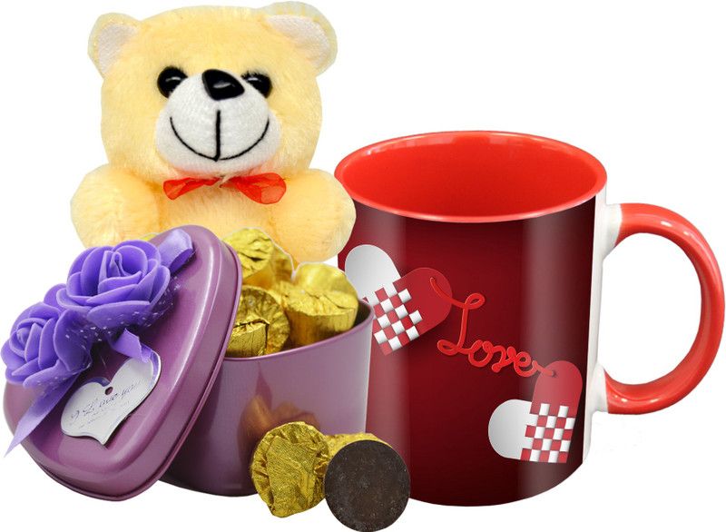 Midiron Special Gifts For Your Lovable Person, Dark Chocolate Bar with Printed Ceramic Mug & Cream Teddy IZ19Choco15TinBox4PurMUrTCr-DTLove-08 Ceramic, Silk Gift Box  (Multicolor)