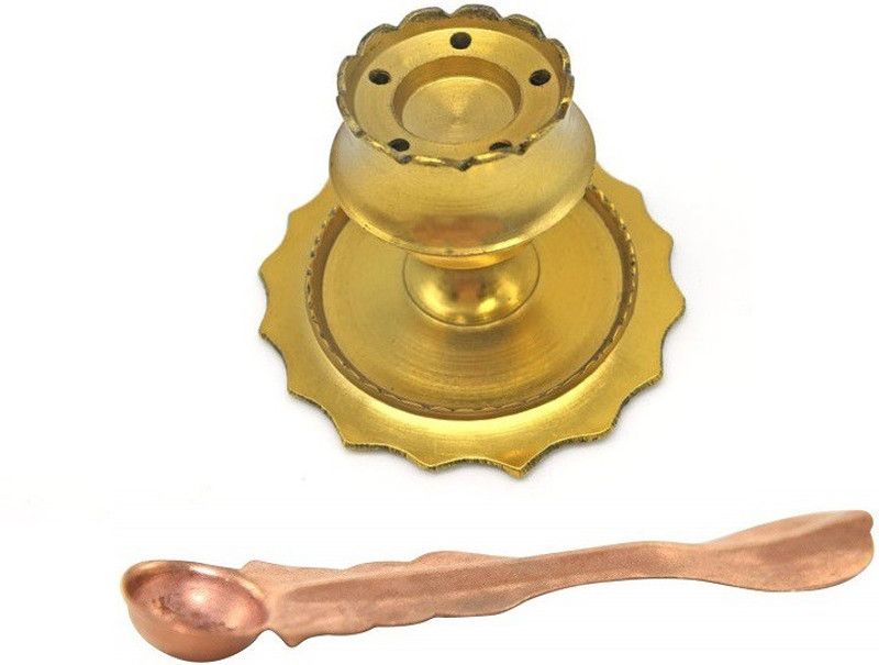 De-Ultimate 1 Pcs Copper Panch Patra Spoon for Poojan, 1 pcs Brass Incense Stick Holder Brass  (Multicolor)