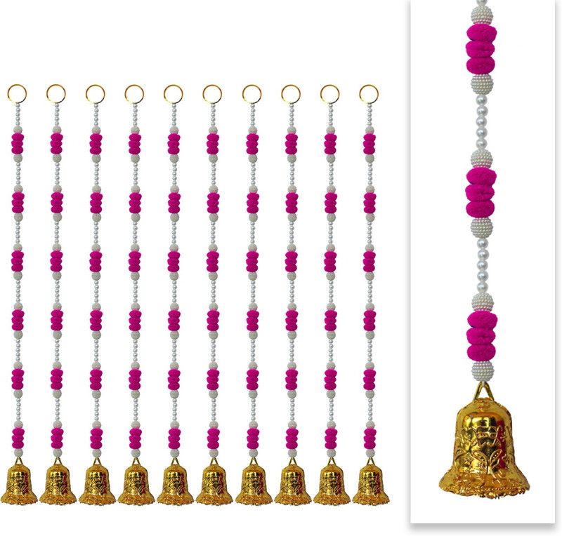 iHandikart Door Hanging Strings with beads, pom pom & Bell,Color Pink (75003-A-10) Plastic Garland  (Pink)