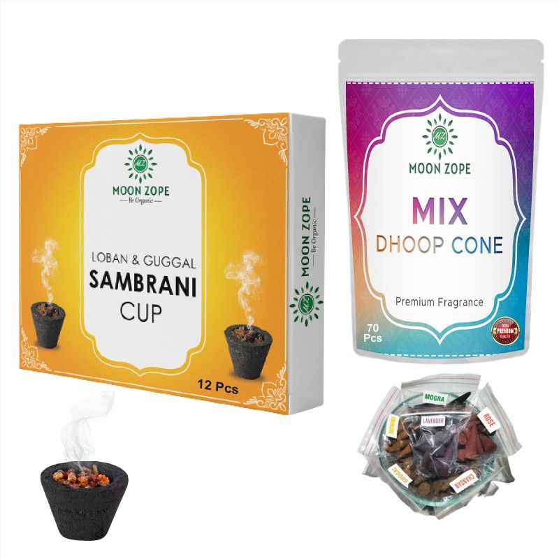 MOON ZOPE Mix Dhoop Cone 70 Pcs | Pure Sambrani Cup 12 Pcs | High Quality Dhoop  (Pack of 2)