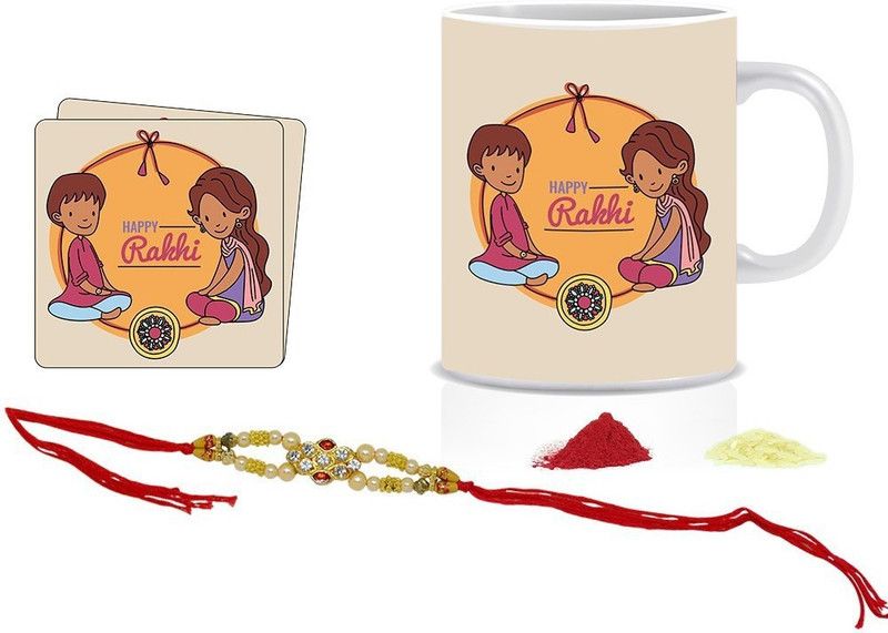 Mug Set  (1 Mug, 2 Coasters, 1 Rakhi, Roli+Rakhi)