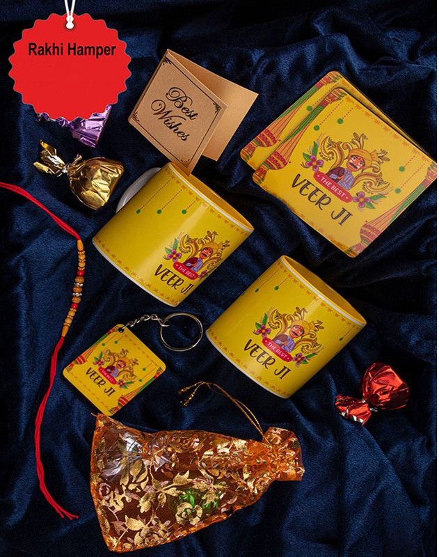 Rakhi, Rakhi Set  (RAKHI::TEA MUGS::COASTERS::CHOCOLATES::BEST WISHES CARD::TEA PREMIX)