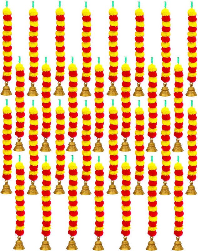 iHandikart Marigold Artificial Fluffy Mini Garlands with Bell, Colour Yellow & Red Plastic Garland  (Multicolor)