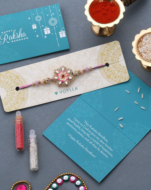Rakhi, Chawal Roli Pack, Greeting Card Set  (1 Rakhi,1 Pack of Roli-Chawal,1 Card)