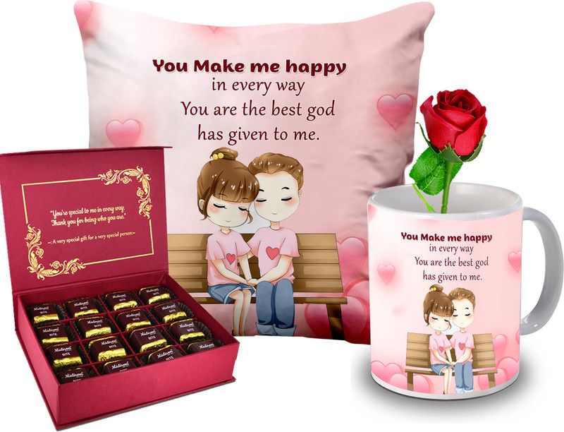 Midiron Valentine’s Day Gift Combo For Wife (Mug, Cushion, Rose,Chocolate) Ceramic, Microfibre Gift Box  (Multicolor)