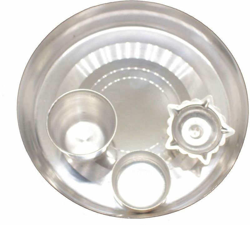 Lonekart Metal Pooja Plate Thali Silver Plated 4 Piece set Silver Plated  (1 Pieces, Silver)