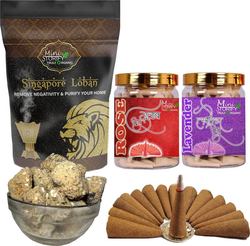 Mini Storify Truly Organic Singapuri loban250gm,Rose dhoop Cone 70pc,Lavender dhoop Cone 70pc (Pack-3) Dhoop  (Pack of 3)
