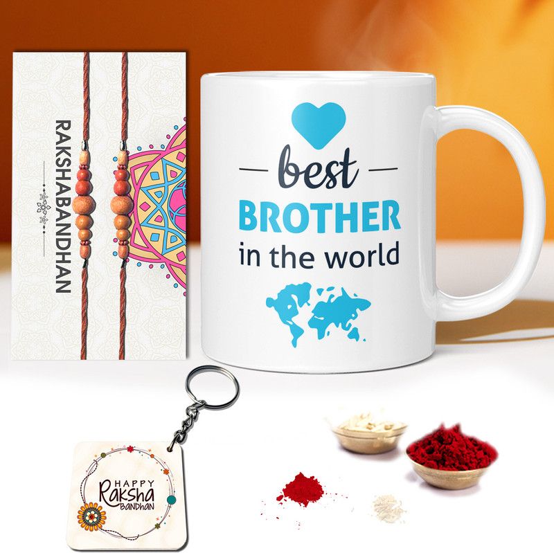 Mug, Rakhi, Chawal Roli Pack Set  (BEST BRO IN THE WORLD QUOTE PRINTED MUG, 2 RAKHI, ROLI CHAWAL, FOR BROTHER, FOR RAKHI)
