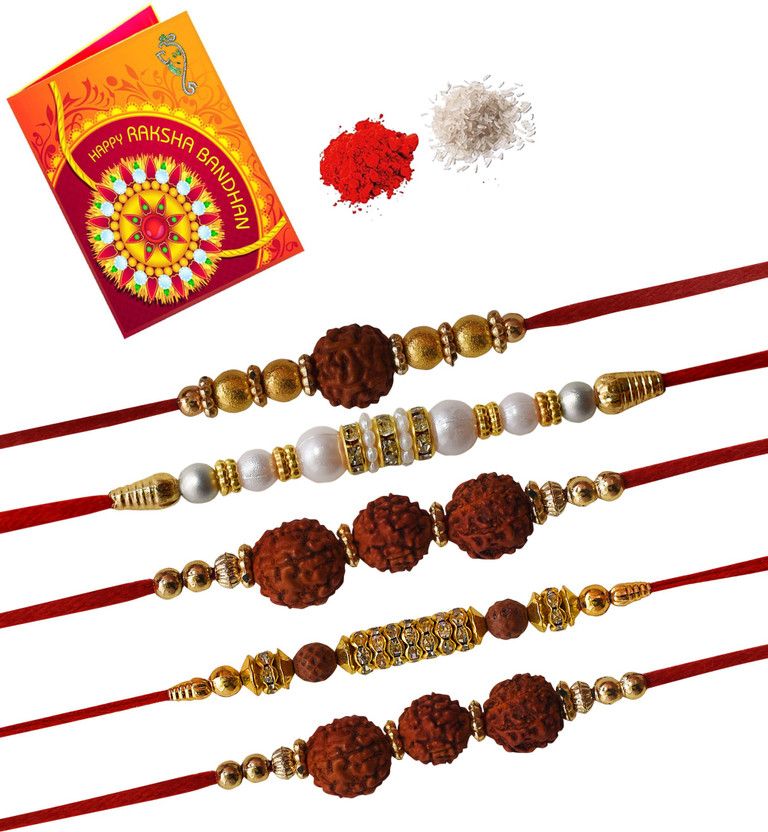BE-BF-BG-BH-BG Rakhi, Greeting Card, Chawal Roli Pack Set  (5 Rakhi , 1 Greeting Chawal , 1 Roli Chawal)