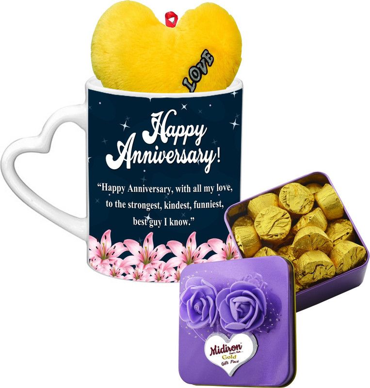 Midiron Anniversary Gift For Your Love One's That Comes With 15 Pieces Luxury Dark Chocolate in Tin Box, Printed Ceramic Mug and Soft Yellow Heart IZ19Choco15Tinbox3PurHeartMUHY-NJPAnniversary-89 Ceramic Gift Box  (Multicolor)