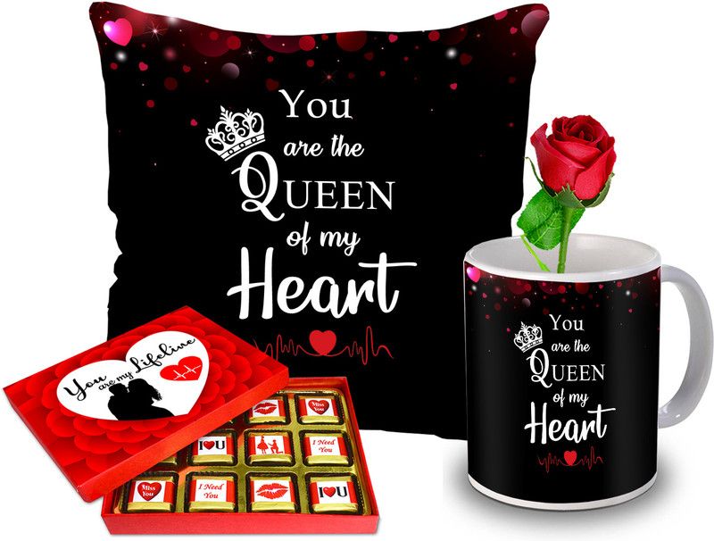 Midiron Valentine’s Day chocolate Gift Hamper (Chocolate, Mug, Cushion, Rose) Ceramic, Microfibre Gift Box  (Multicolor)