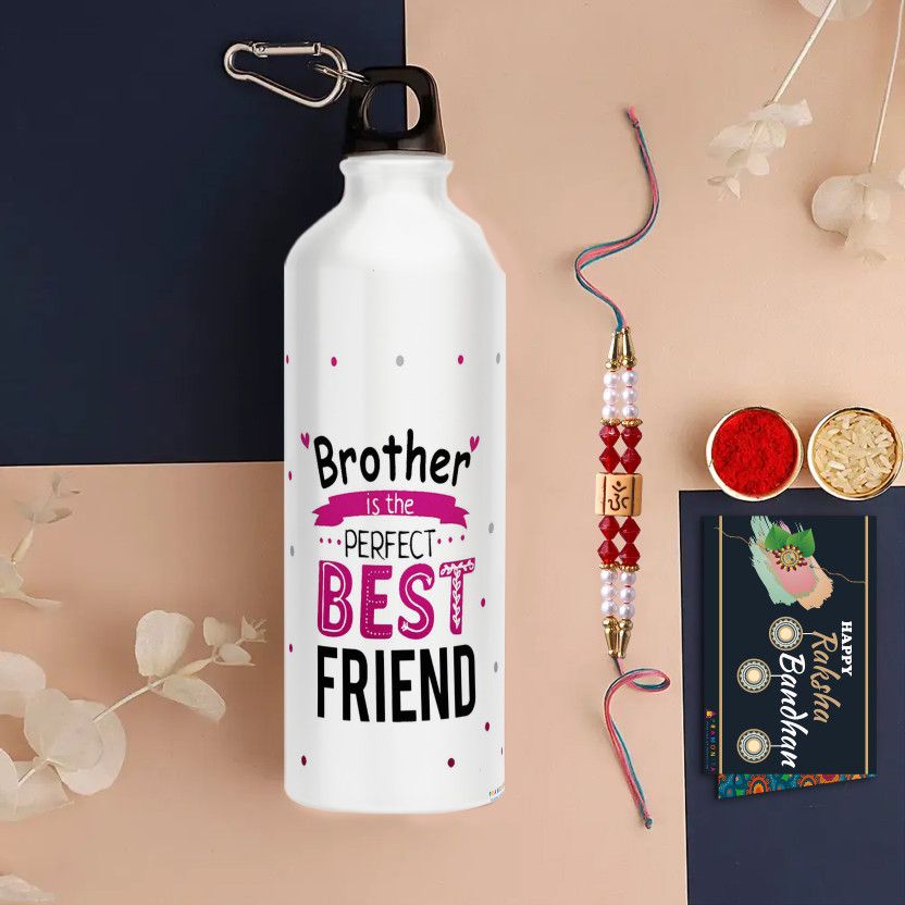 Rakhi, Bottle, Greeting Card, Chawal Roli Pack Set  (1 Rakhi, 1 Sipper, 1 Roli Chawal,1 Greting card)