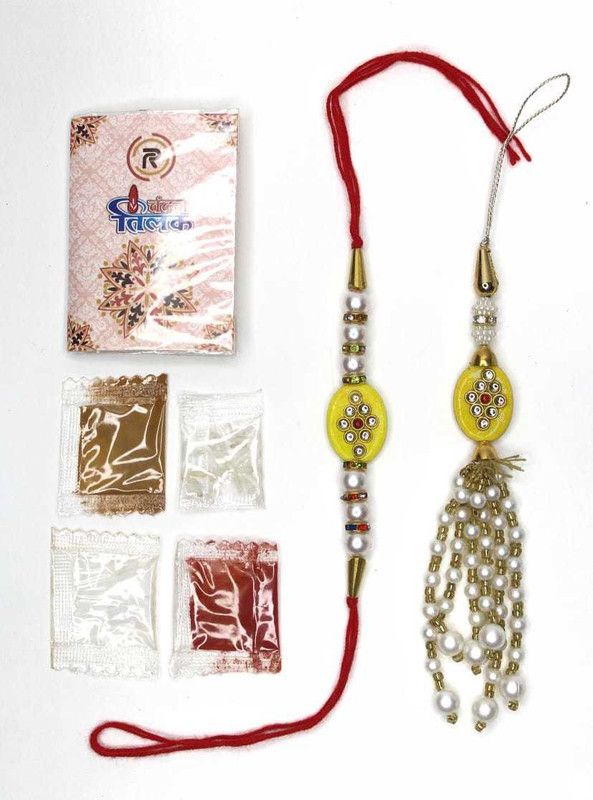 Rakhi, Chawal Roli Pack Set  (1 Bhaya Bhabhi Rakhi set +Chawal+Roli)