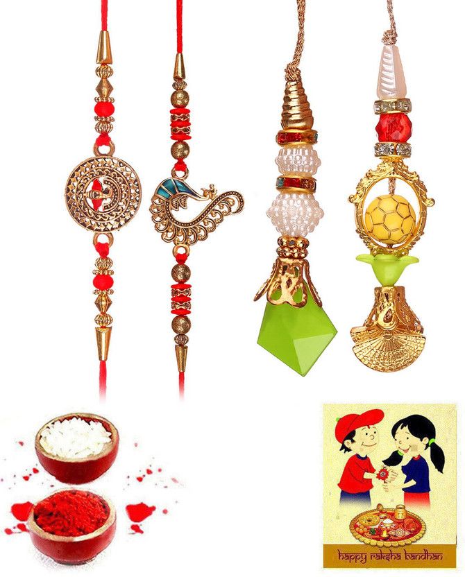 Rakhi Set  (2 Fancy Rakhi, 2 Lumba Rakhi, 1 Best Wishes Greeting Card, 1 roli and 1 chawal pack)