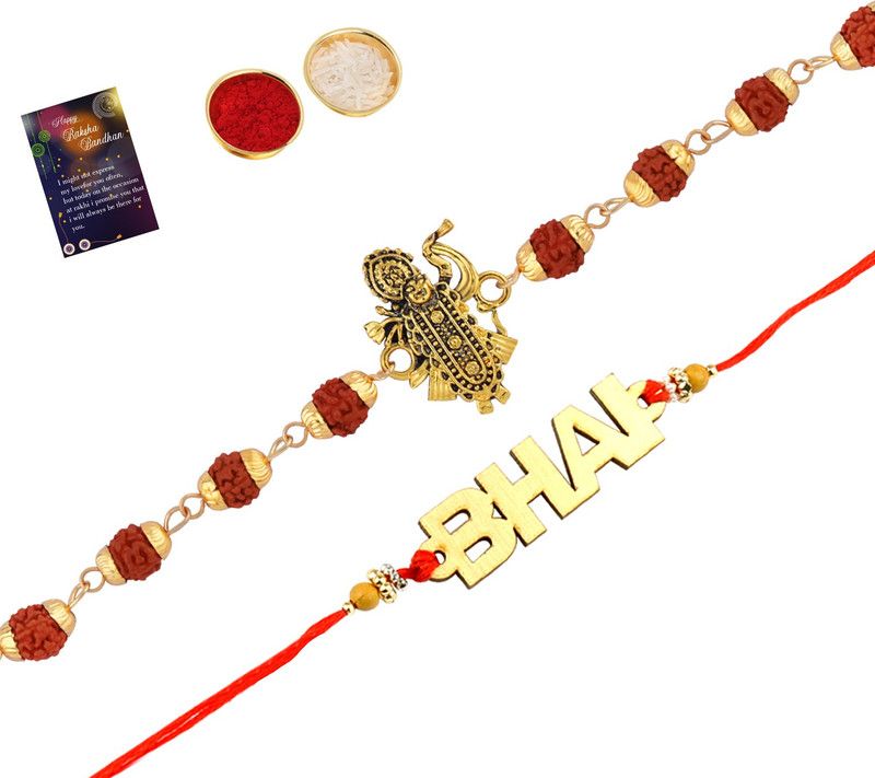 Rakhi, Chawal Roli Pack, Greeting Card Set  (2 Bhaiya Rakhi With Roli Chawal And 2 Raksha Bandhan Greeting Card)