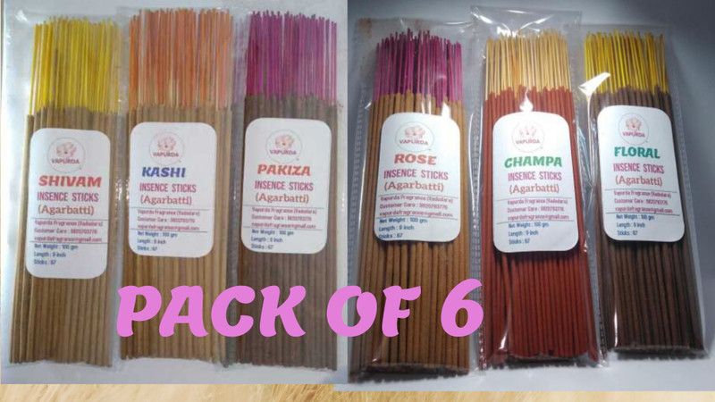 Vapurda 6 FRAGRANCE INSENCE STICKS (AGARBATTI)(ROSE, KESAE CHAMPA, FLORAL,SHIVAM,KASHI,PAKIZA) ROSE, KESAR CHAMPA, FLORAL, PAKIZA, SHIVAM, KASHI  (100, Set of 6)