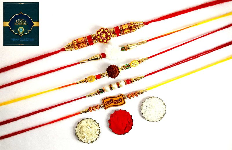 Thread Rakhi multicolor with greeting card RAKHI PACK OF - 5 Greeting Card, Chawal Roli Pack, Rakhi Set  (1 Greeting Card, Chawal Roli Pack, 5 Rakhi)