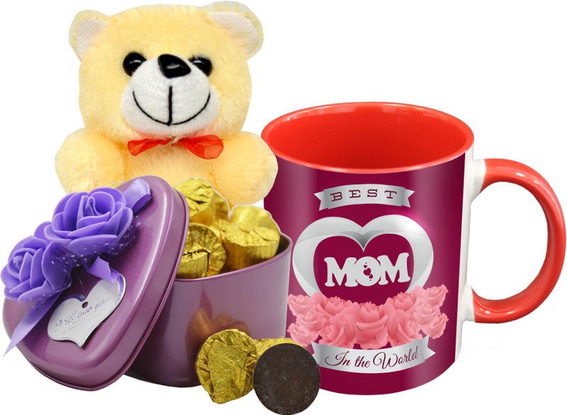 Midiron Lovely Gifts For Mother, Dark Chocolate Bar, Ceramic Mug with Cream Teddy IZ19Choco15TinBox4PurMUrTCr-STMother-06 Ceramic, Silk Gift Box  (Multicolor)