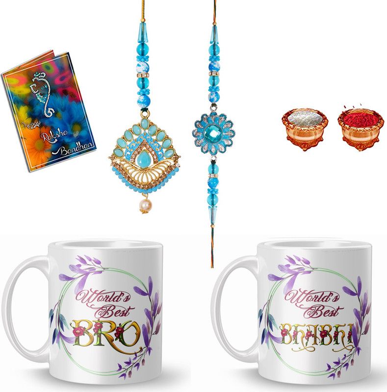 Lumba, Chawal Roli Pack, Rakhi, Greeting Card, Mug Set  (2 Rakhi Set, 2 Printed Coffee Mug, 1 Rakshabandhan Card, 1 Roli Chawal)