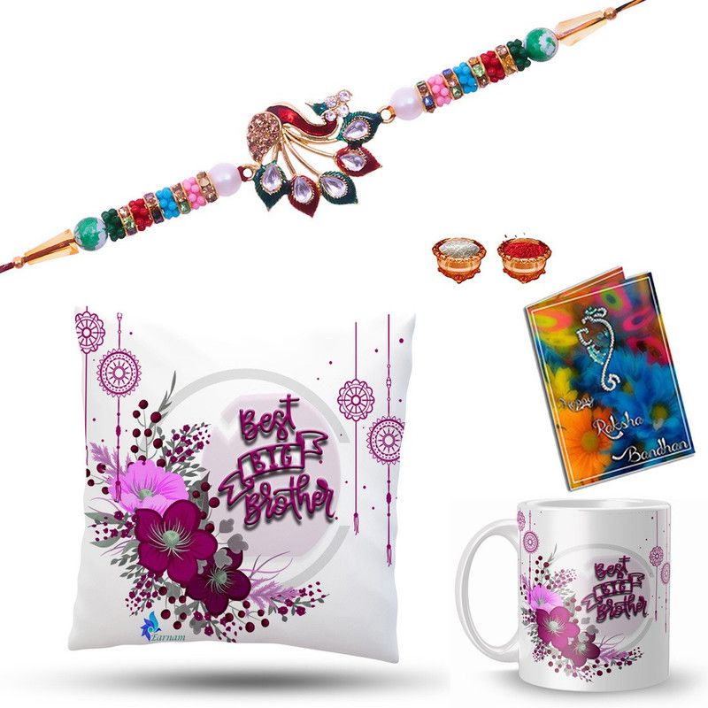 Cushion, Chawal Roli Pack, Rakhi, Greeting Card, Mug Set  (1 Rakhi, 1 Cushion 
Cover with Cushion Filler, 1 Coffee Mug, 1 Roli Chawal Packet, 1 Greeting Card)