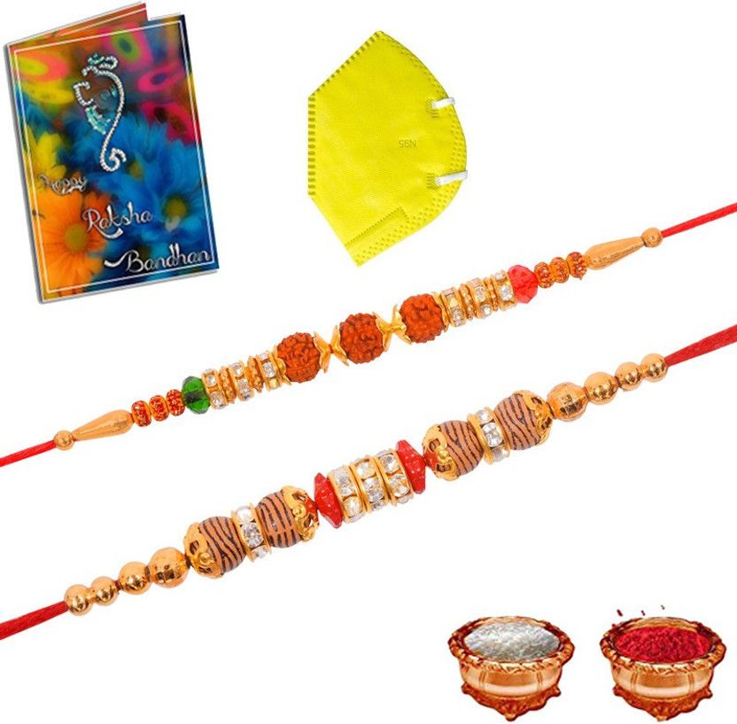 Rakhi, Mask, Greeting Card, Chawal Roli Pack Set  (2 Rakhi, 1 Mask, 1 Greeting card, 1 Roli chawal)