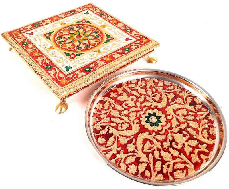 Apkamart Flower Design Pooja Chowki & Puja Thali for Home, Diwali, Karwa Chauth & Wedding Wooden  (2 Pieces, Multicolor)