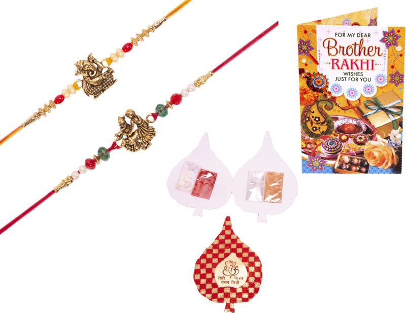 Priva Arts Rakhi, Chawal Roli Pack, Greeting Card  (Pack of 2 Rakhi, Free Roli, Chawal, Chandan, Mishri, Free Greeting Card)