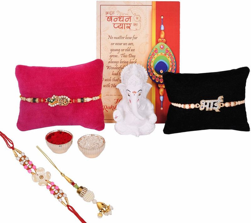 Showpiece, Chawal Roli Pack, Rakhi, Greeting Card Set  (Floral Rakhi, Peacock Rakhi For Brother Kids, Ganesha Showpiece Rakhi Gift For Brother, Lumba Rakhi For Bhabi, Bhai Font Rakhi)