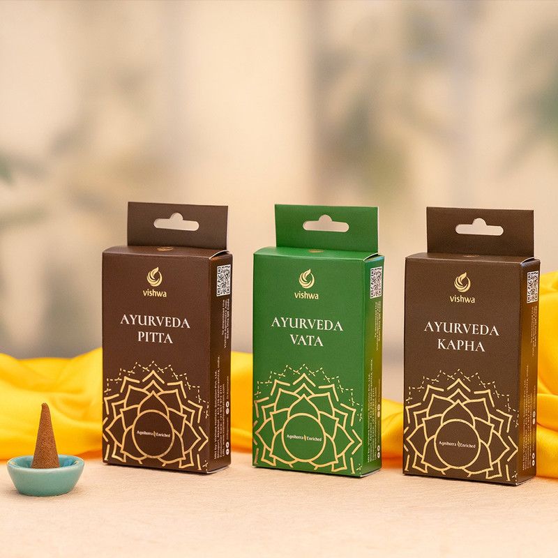 Vishwa Wellness Vishwa Ayurveda cones Whole Set of 3 Sandal, Blossom, Javadhu, Rose, Hibiscus, Eucalyptus Dhoop  (Pack of 14)