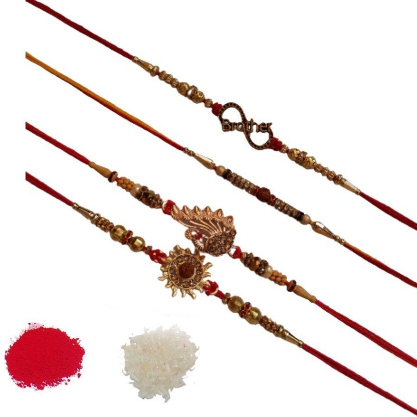 Rakhi, Chawal Roli Pack Set  (4 Rakhi Set, Roli & chawal)